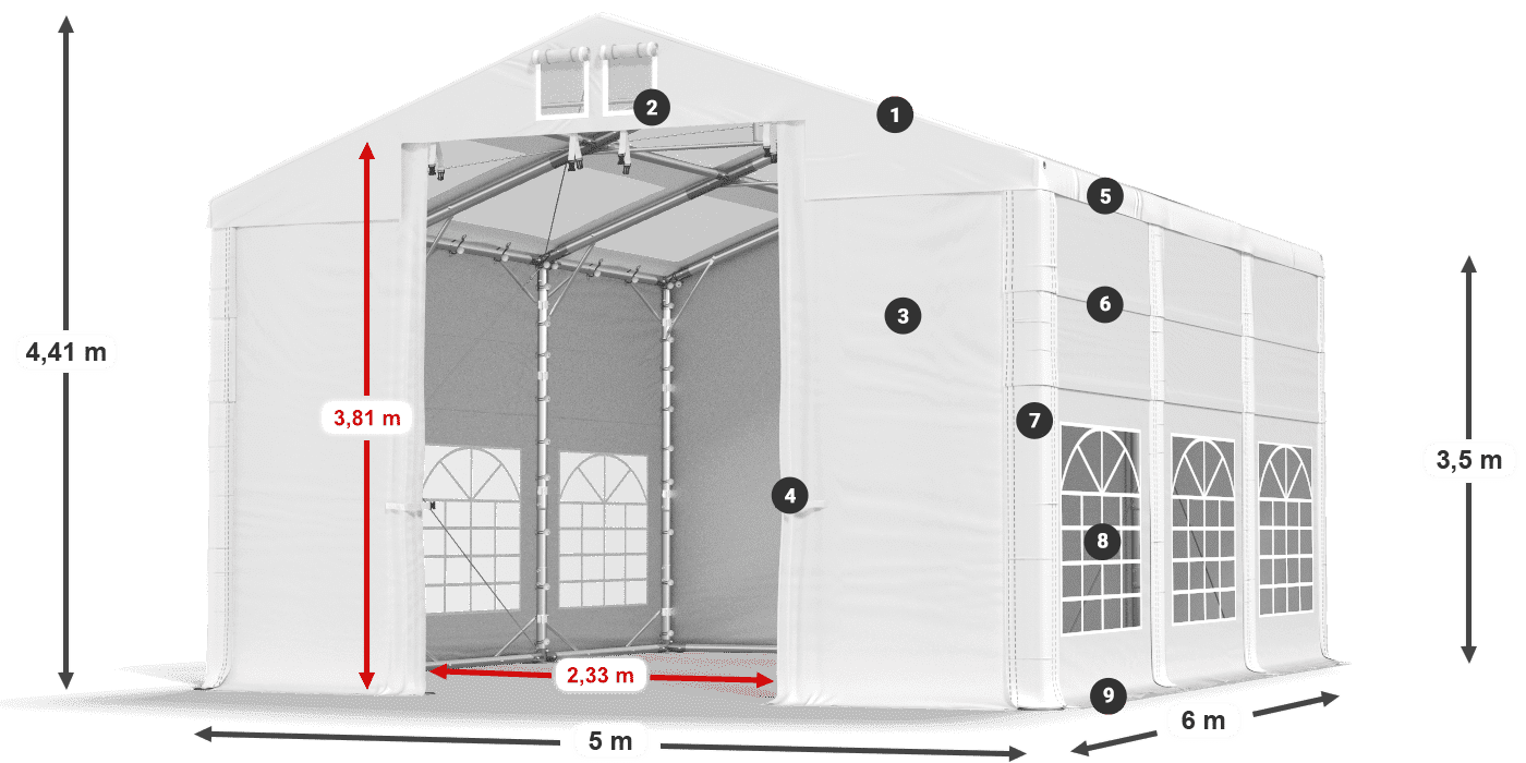 Tető: MS T 580 PVC Falak: FR 620 PVC 2,5 m jelmagyarázat