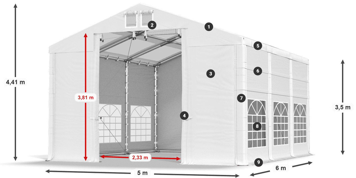 Tető: MS T 580 PVC Falak: FR 620 PVC 2,5 m jelmagyarázat