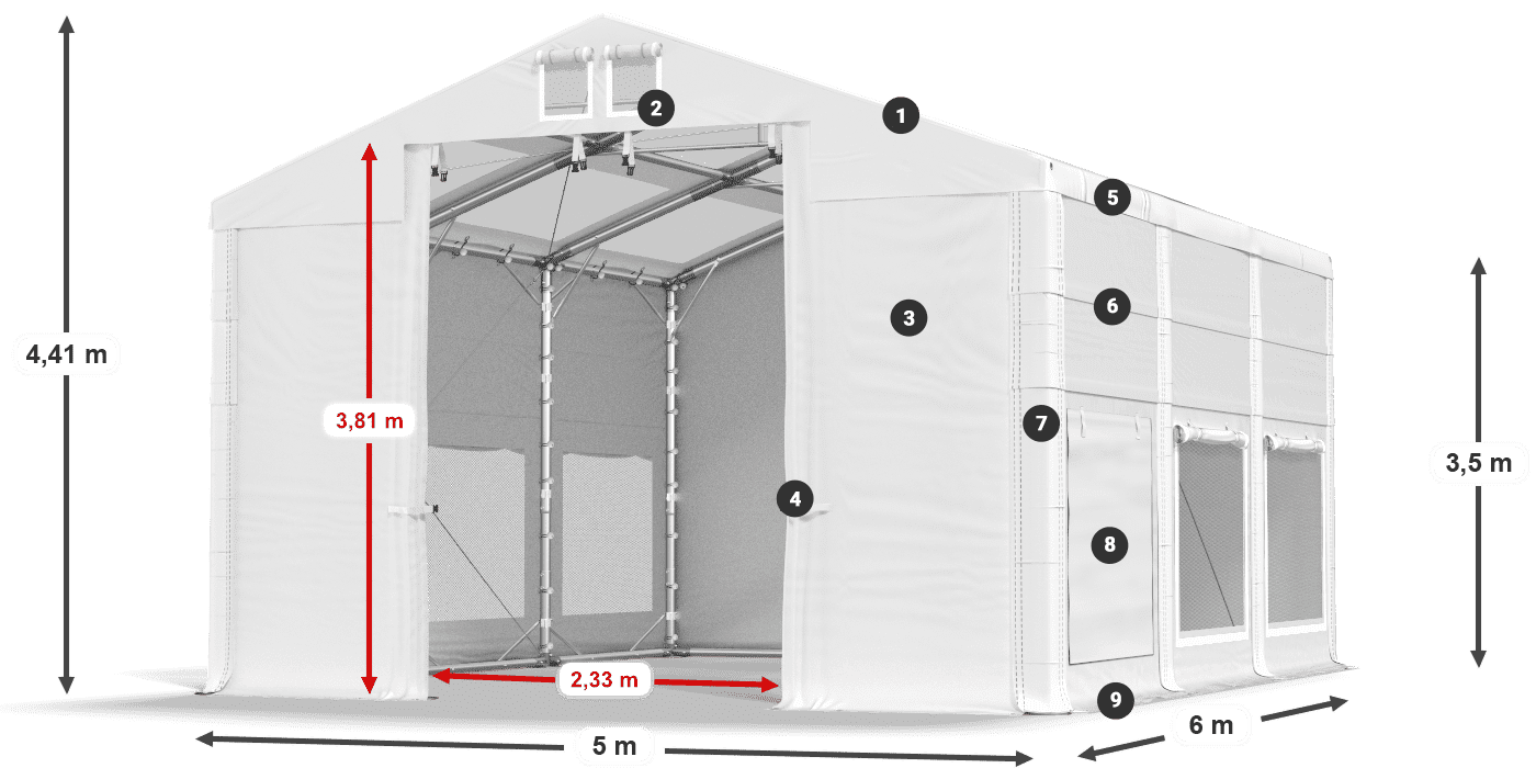 Tető: MS T 580 PVC Falak: SD M 500 PVC 2,5 m jelmagyarázat