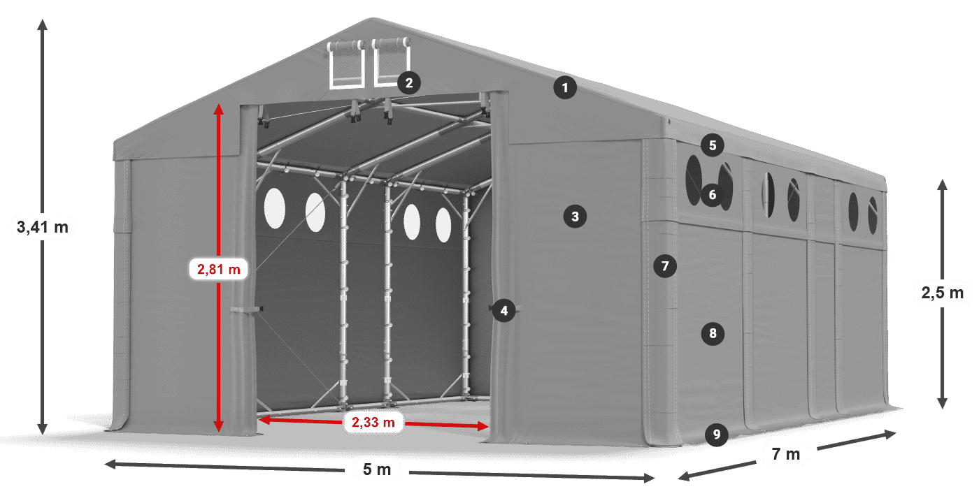 Tető: FR 620 PVC Falak: MS O 580 PVC 2,5 m jelmagyarázat