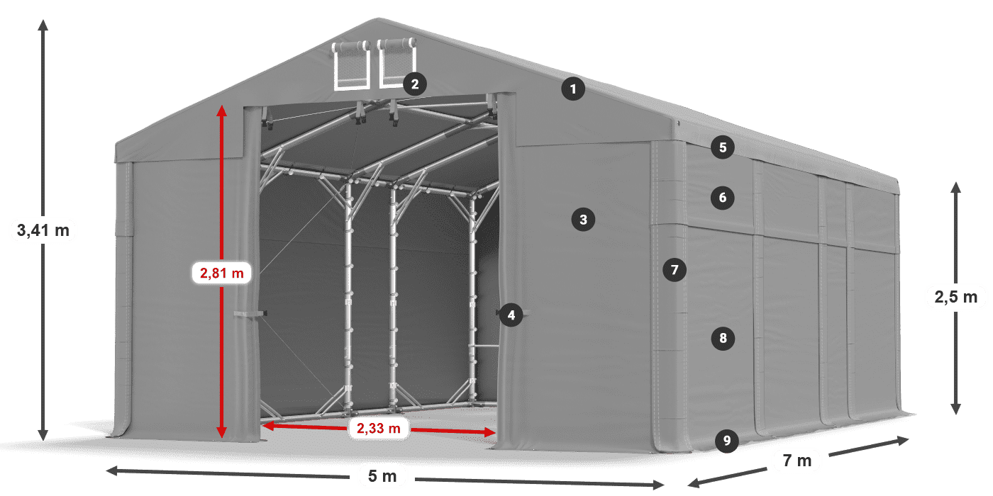Tető: FR 620 PVC Falak: MS 580 PVC 2,5 m jelmagyarázat