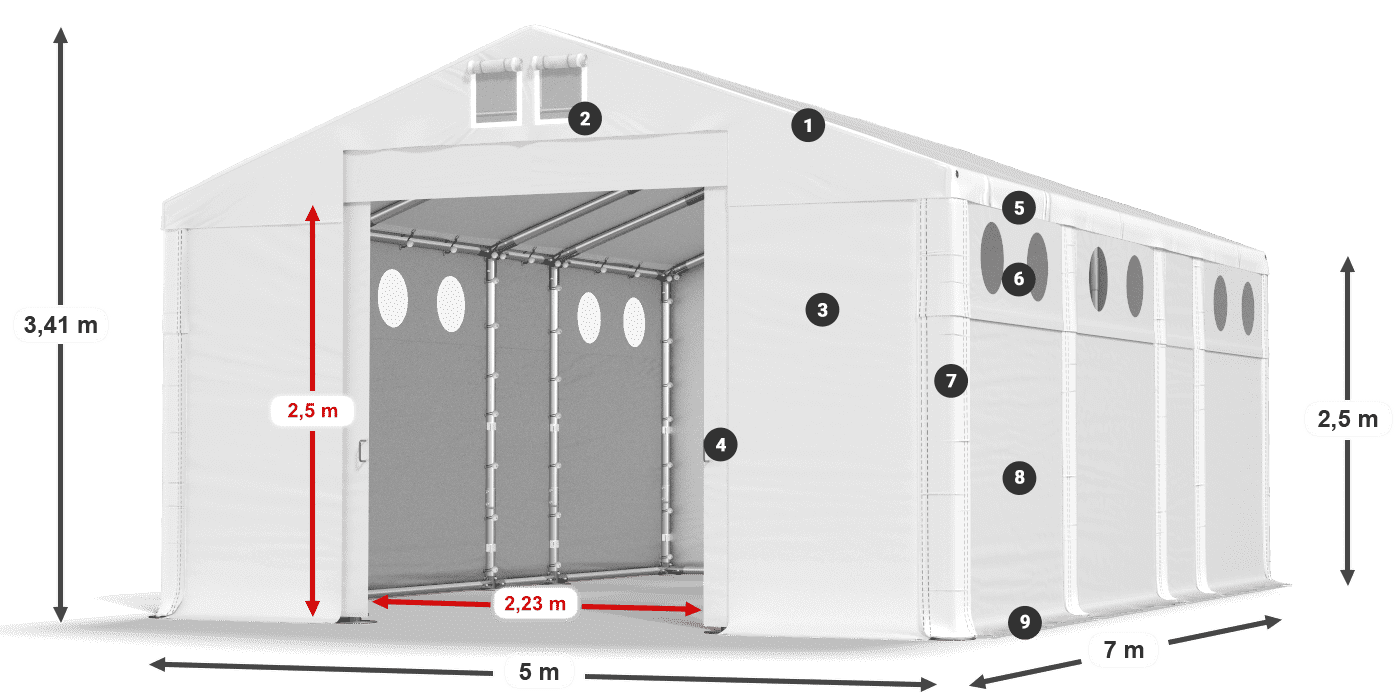Tető: FR 620 PVC Falak: MS O 580 PVC 2,5 m jelmagyarázat