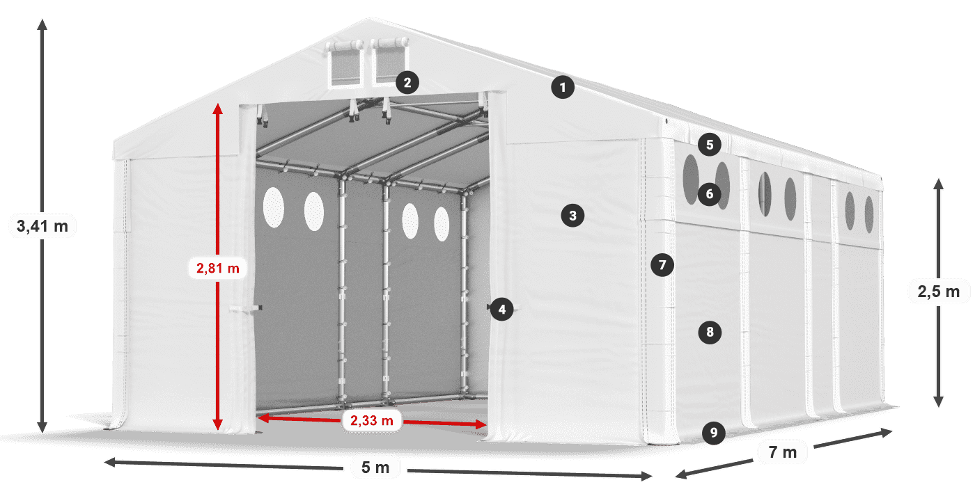 Tető: FR 620 PVC Falak: MS O 580 PVC 2,5 m jelmagyarázat