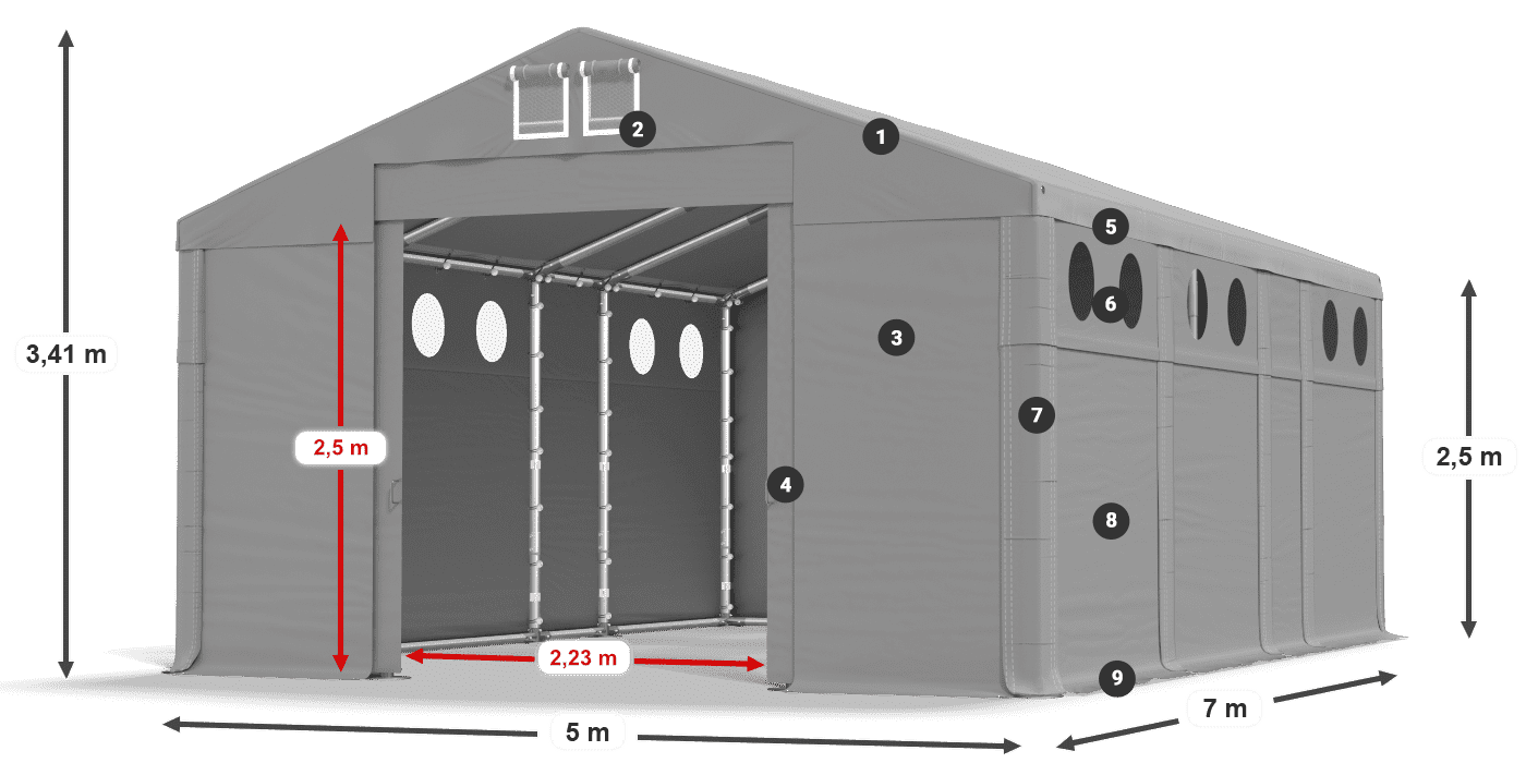 Tető: FR 620 PVC Falak: MS O 580 PVC 2,5 m jelmagyarázat