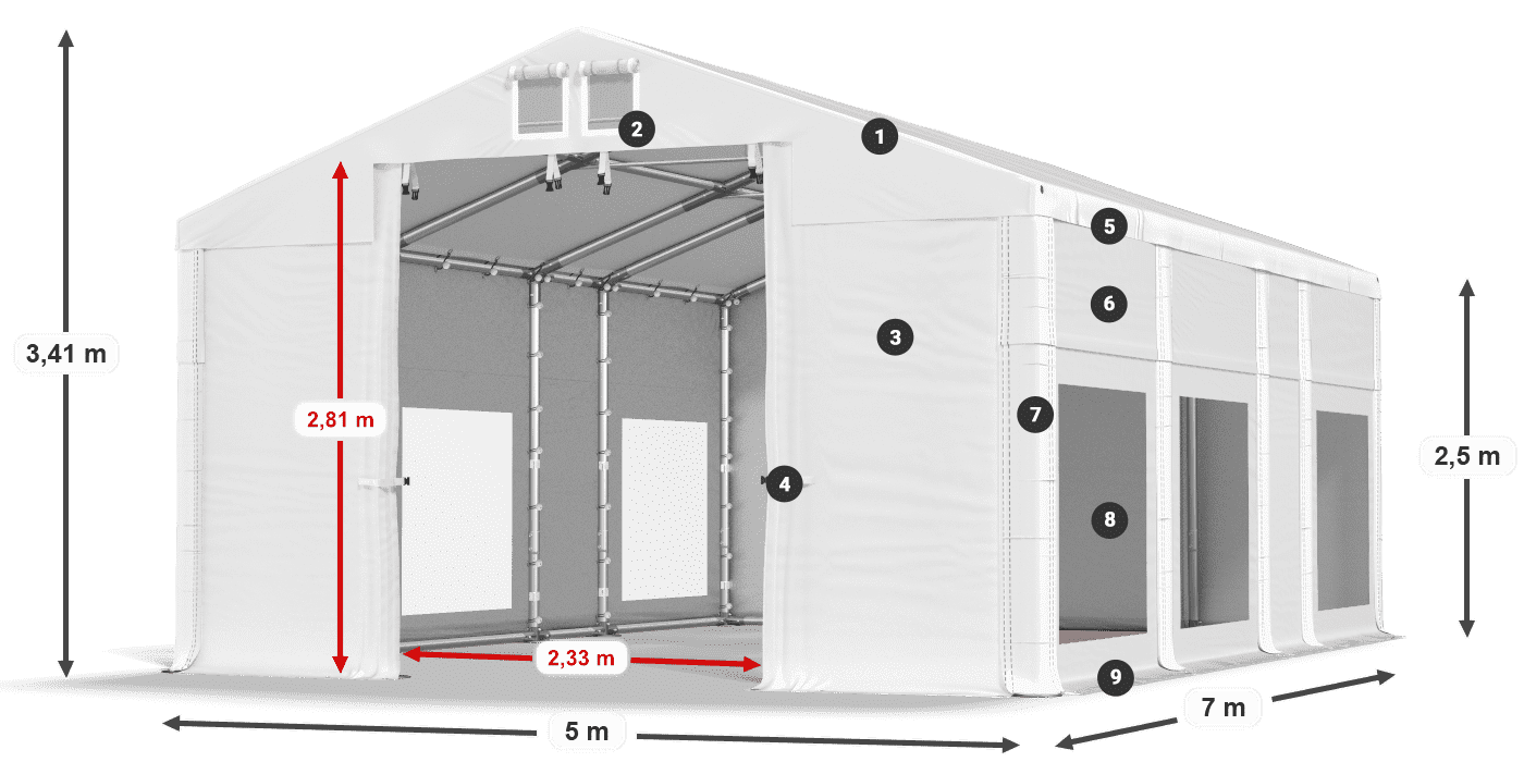 Tető: FR 620 PVC Falak: MS 580 PVC 2,5 m jelmagyarázat