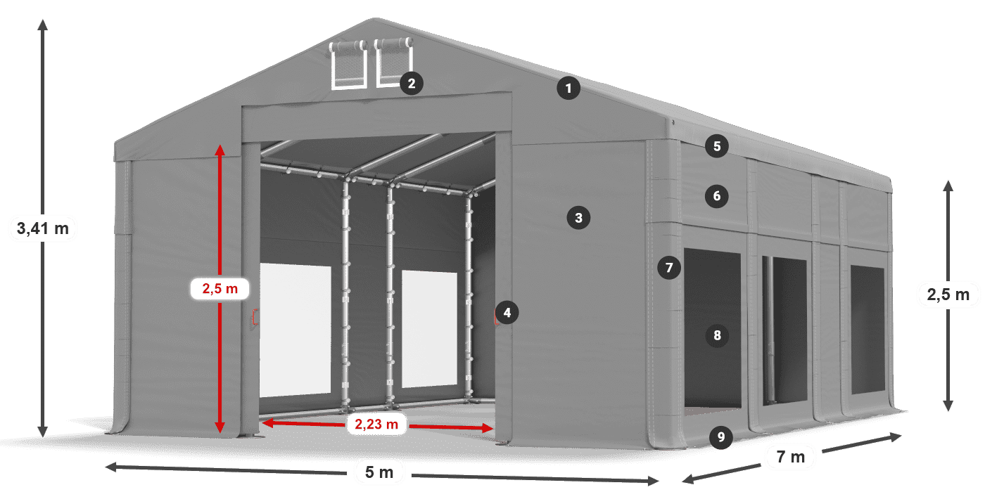 Tető: FR 620 PVC Falak: MS 580 PVC 2,5 m jelmagyarázat