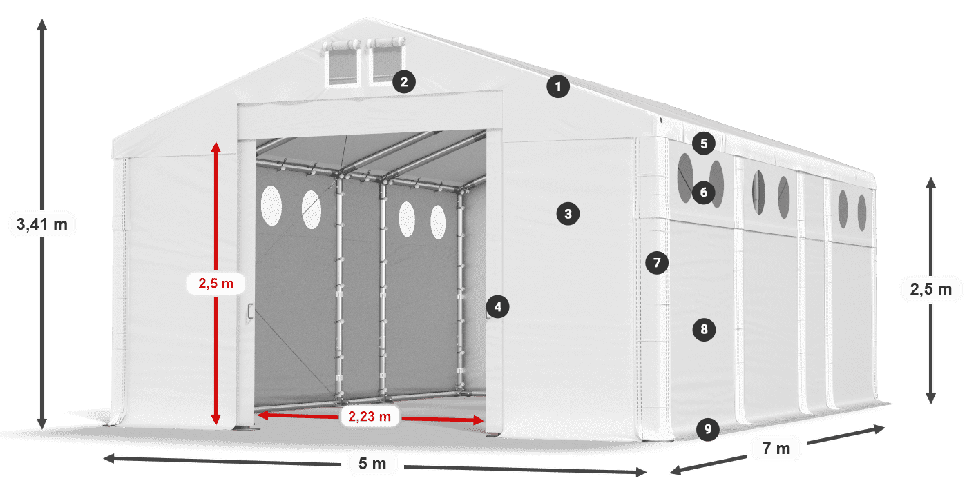 Tető: FR 620 PVC Falak: MS O 580 PVC 2,5 m jelmagyarázat