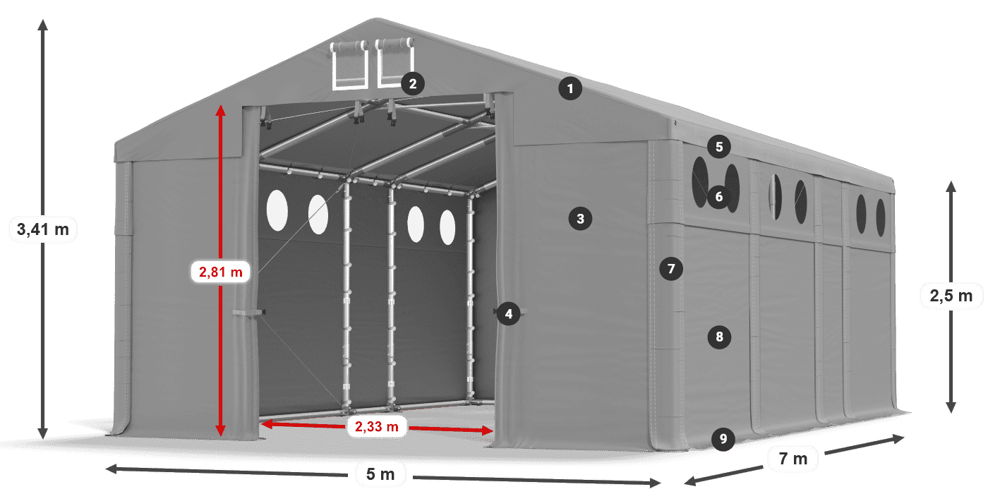 Tető: FR 620 PVC Falak: MS O 580 PVC 2,5 m jelmagyarázat
