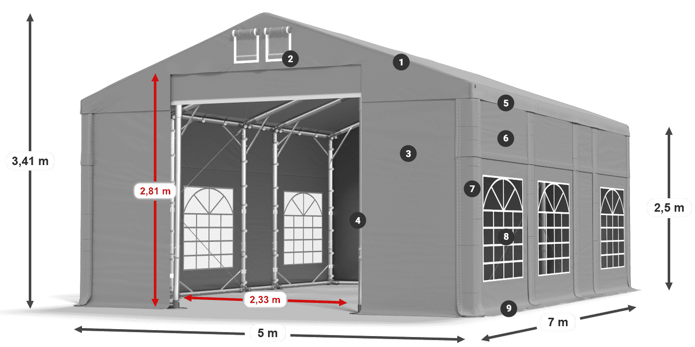 Tető: FR 620 PVC Falak: SD 500 PVC 2,5 m jelmagyarázat