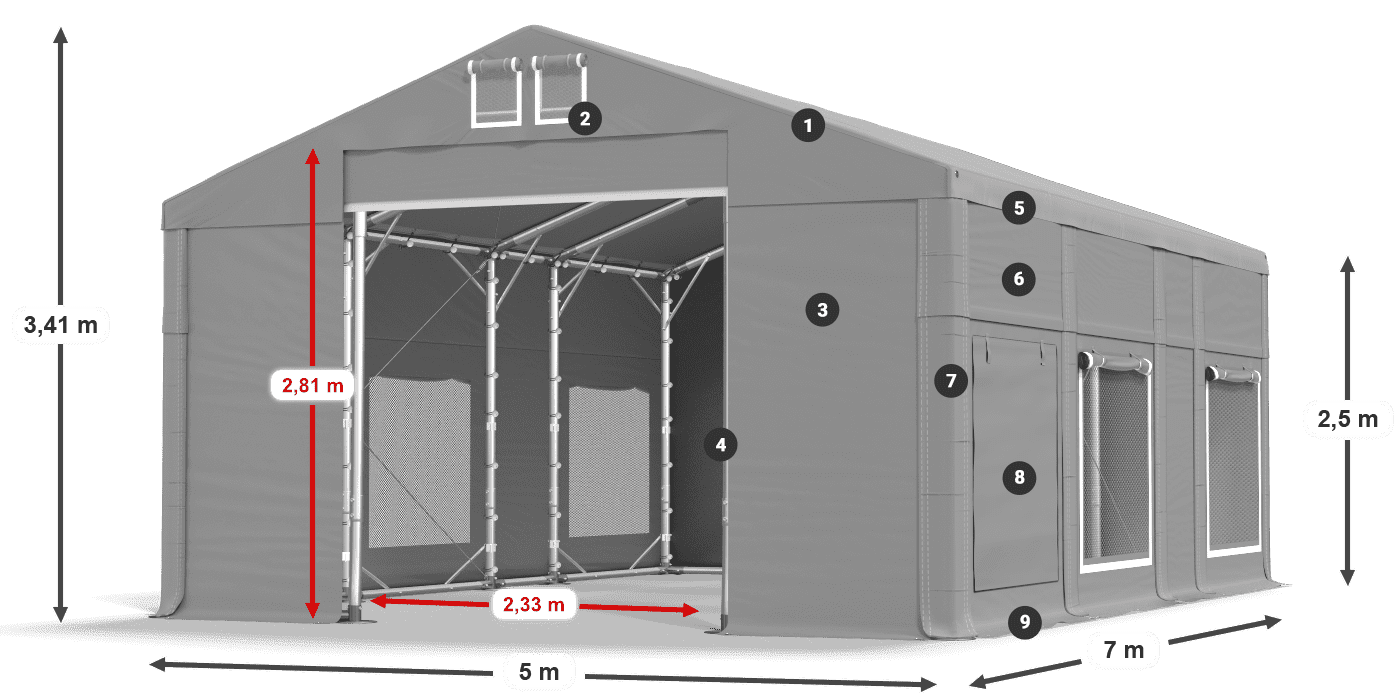Tető: FR 620 PVC Falak: SD 500 PVC 2,5 m jelmagyarázat