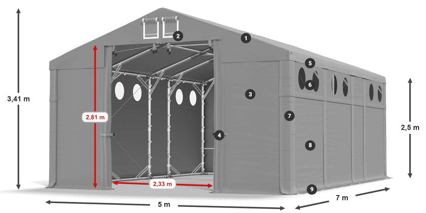 Tető: FR 620 PVC Falak: SD O 500 PVC 2,5 m jelmagyarázat