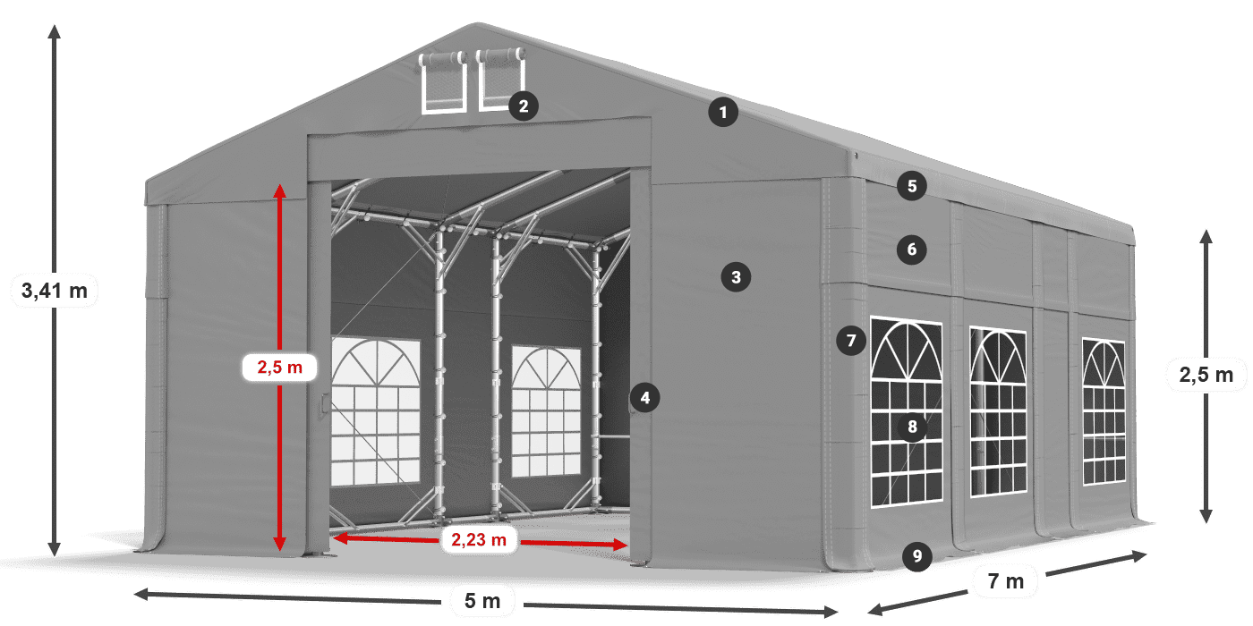 Tető: FR 620 PVC Falak: SD 500 PVC 2,5 m jelmagyarázat
