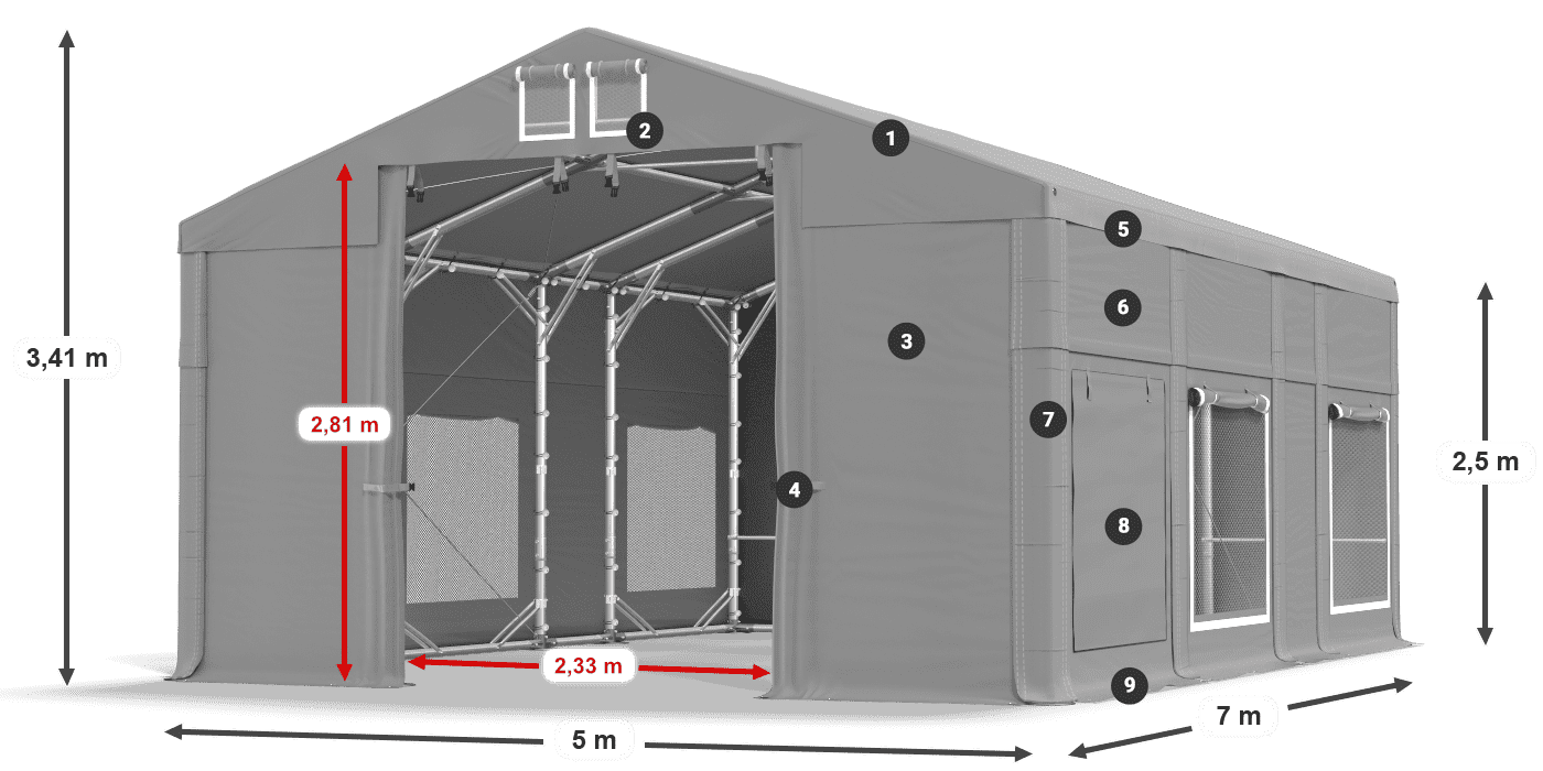 Tető: FR 620 PVC Falak: SD 500 PVC 2,5 m jelmagyarázat