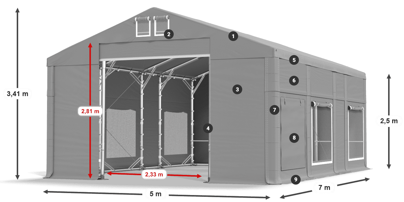 Tető: FR 620 PVC Falak: SD 500 PVC 2,5 m jelmagyarázat
