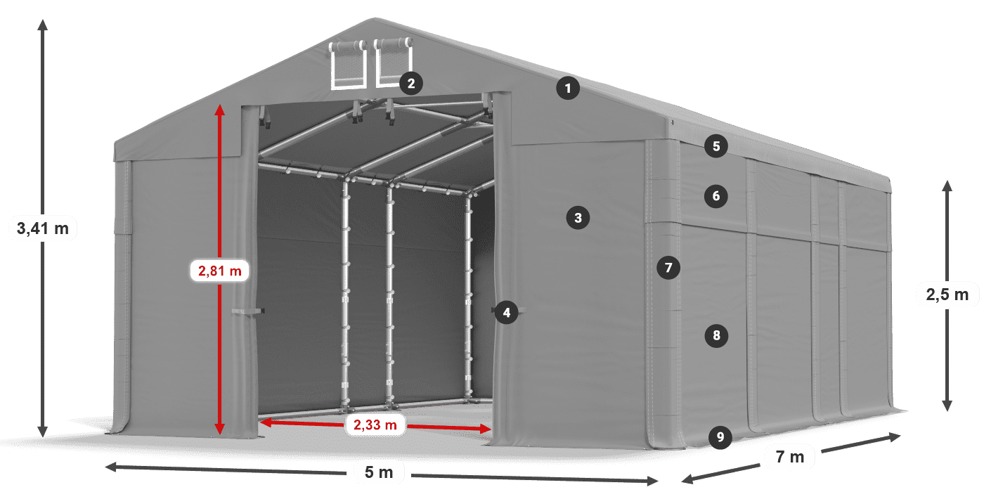 Tető: FR 620 PVC Falak: SD 500 PVC 2,5 m jelmagyarázat