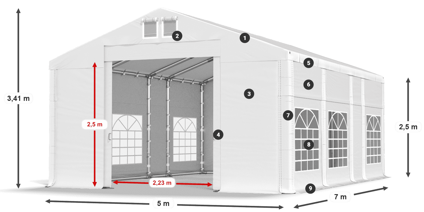 Tető: FR 620 PVC Falak: SD 500 PVC 2,5 m jelmagyarázat