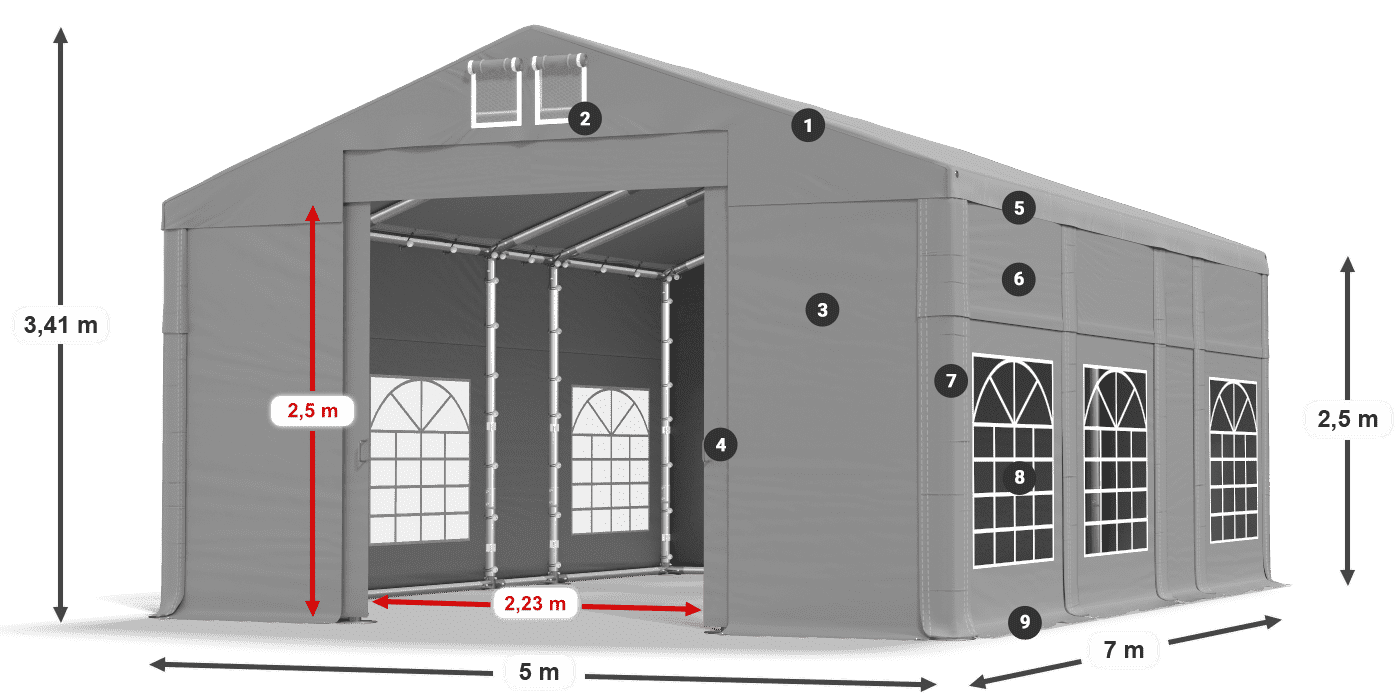 Tető: FR 620 PVC Falak: SD 500 PVC 2,5 m jelmagyarázat