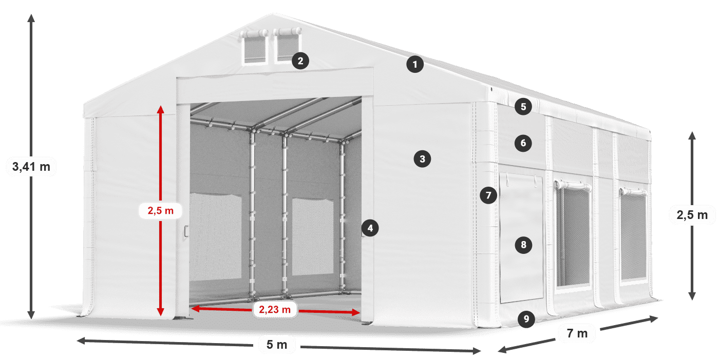 Tető: FR 620 PVC Falak: SD 500 PVC 2,5 m jelmagyarázat