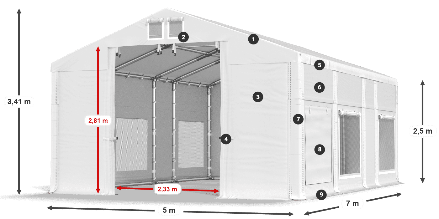 Tető: FR 620 PVC Falak: SD 500 PVC 2,5 m jelmagyarázat