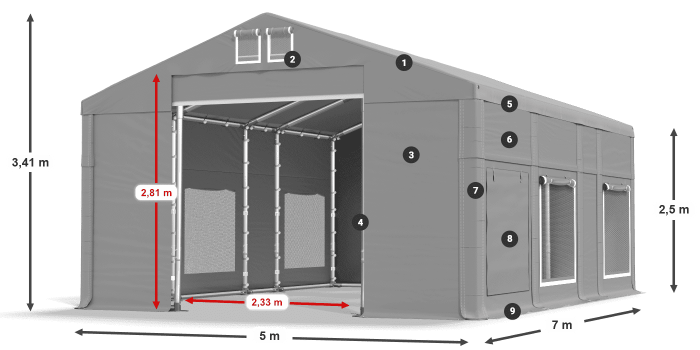Tető: FR 620 PVC Falak: SD 500 PVC 2,5 m jelmagyarázat