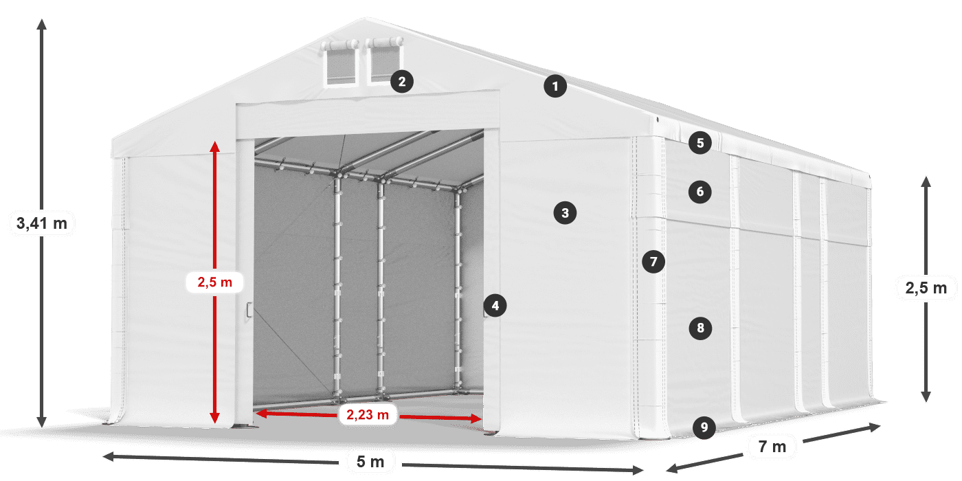 Tető: FR 620 PVC Falak: SD 500 PVC 2,5 m jelmagyarázat