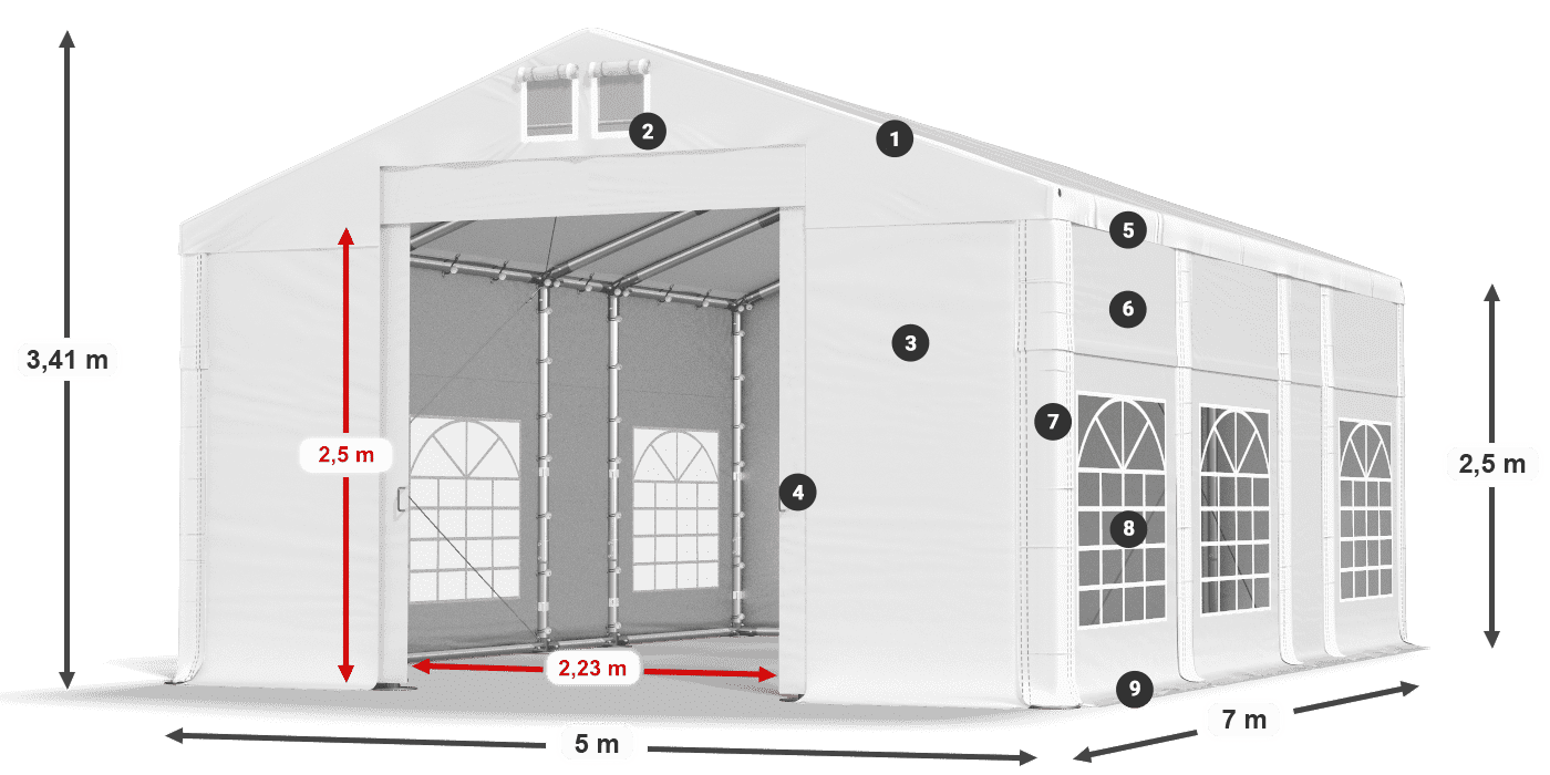 Tető: FR 620 PVC Falak: SD 500 PVC 2,5 m jelmagyarázat