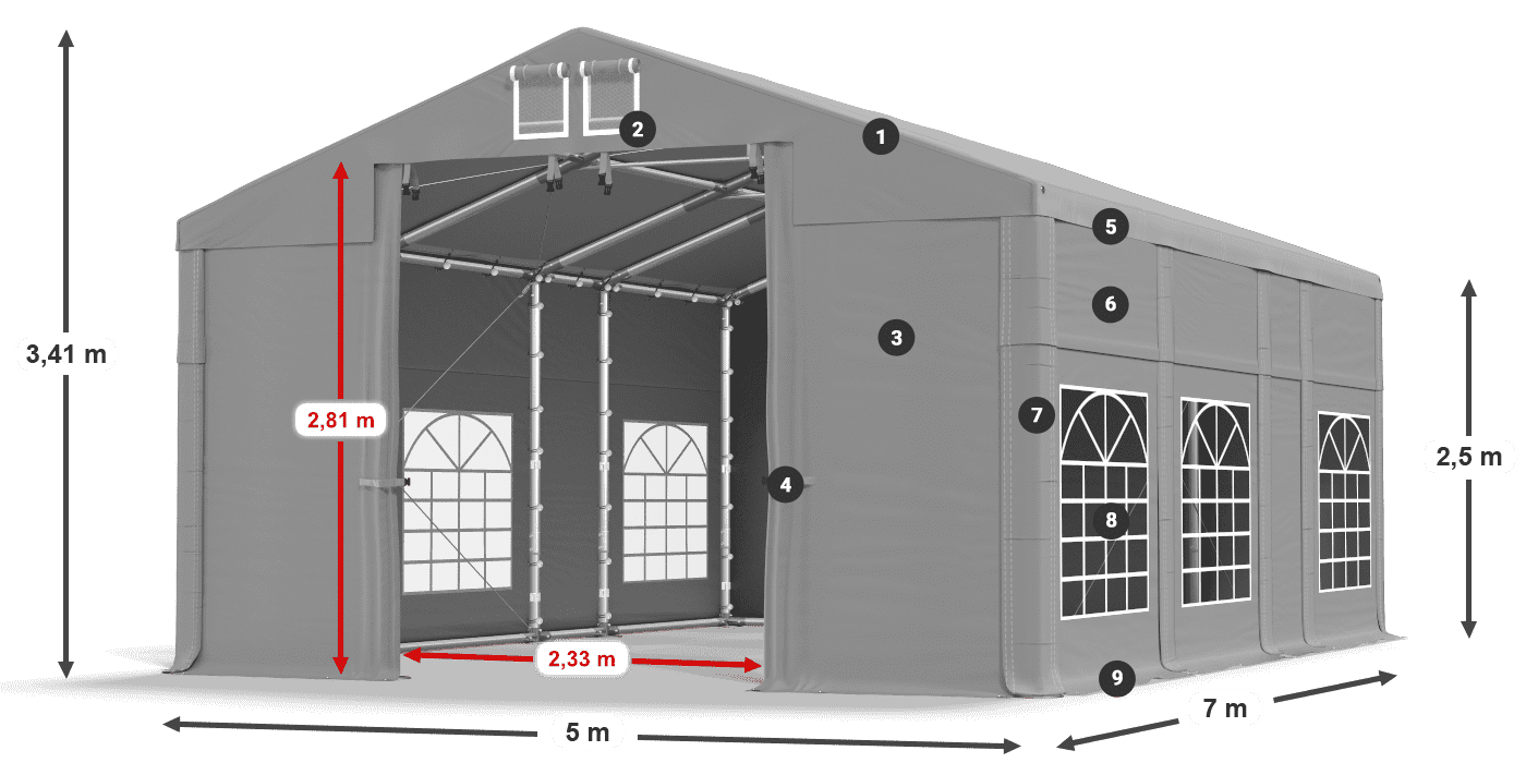 Tető: FR 620 PVC Falak: SD 500 PVC 2,5 m jelmagyarázat