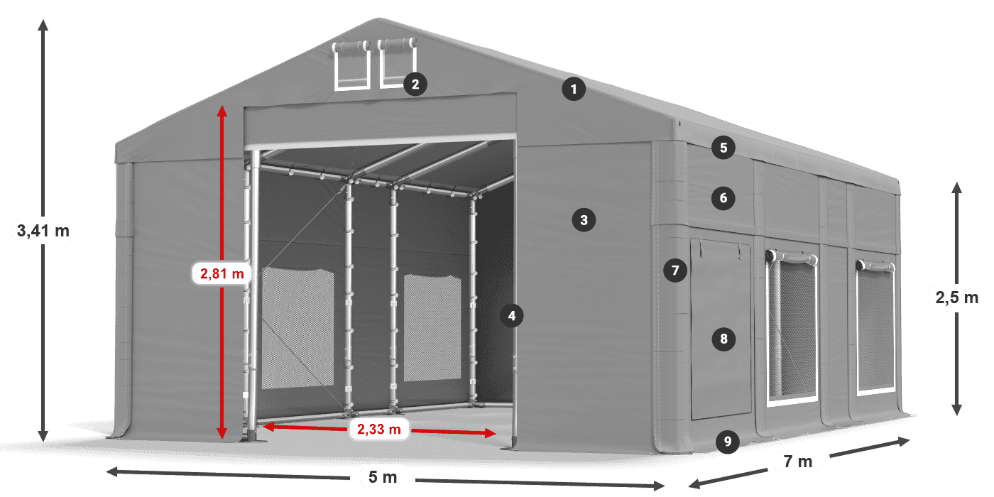 Tető: FR 620 PVC Falak: SD 500 PVC 2,5 m jelmagyarázat