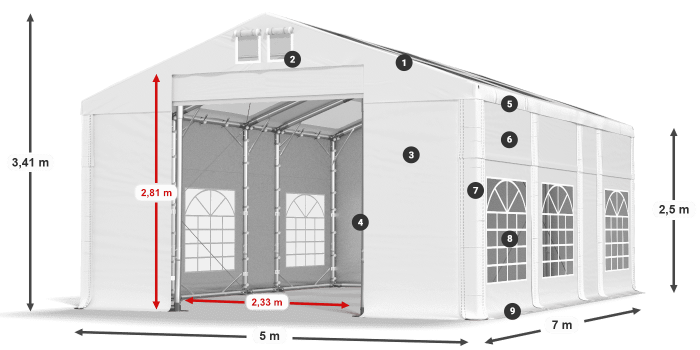 Tető: MS T 580 PVC Falak: FR 620 PVC 2,5 m jelmagyarázat