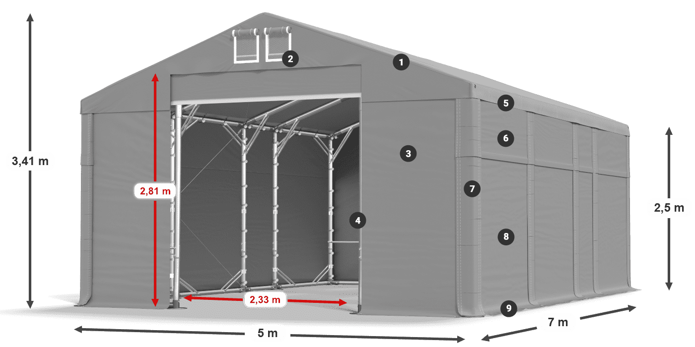 Tető: MS 580 PVC Falak: FR 620 PVC 2,5 m jelmagyarázat