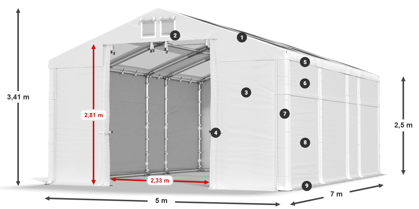 Tető: MS T 580 PVC Falak: FR 620 PVC 2,5 m jelmagyarázat