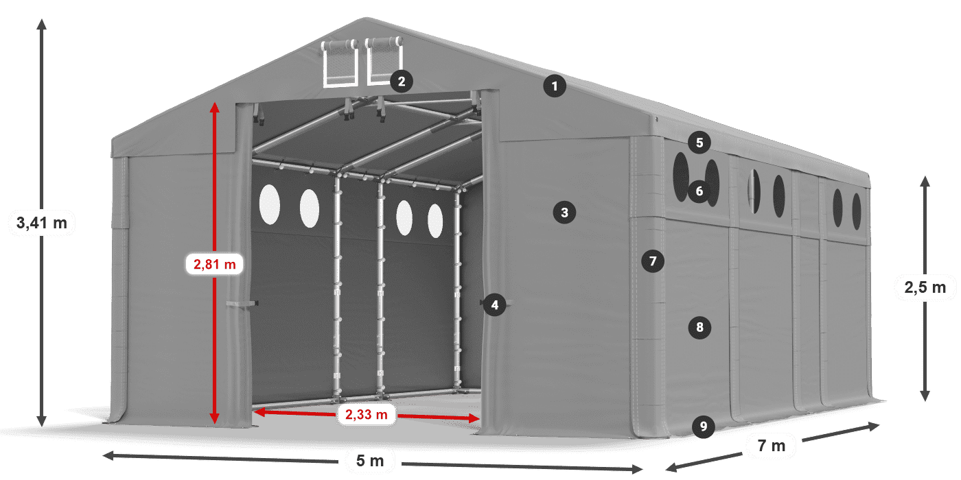Tető: MS 580 PVC Falak: FR O 620 PVC 2,5 m jelmagyarázat