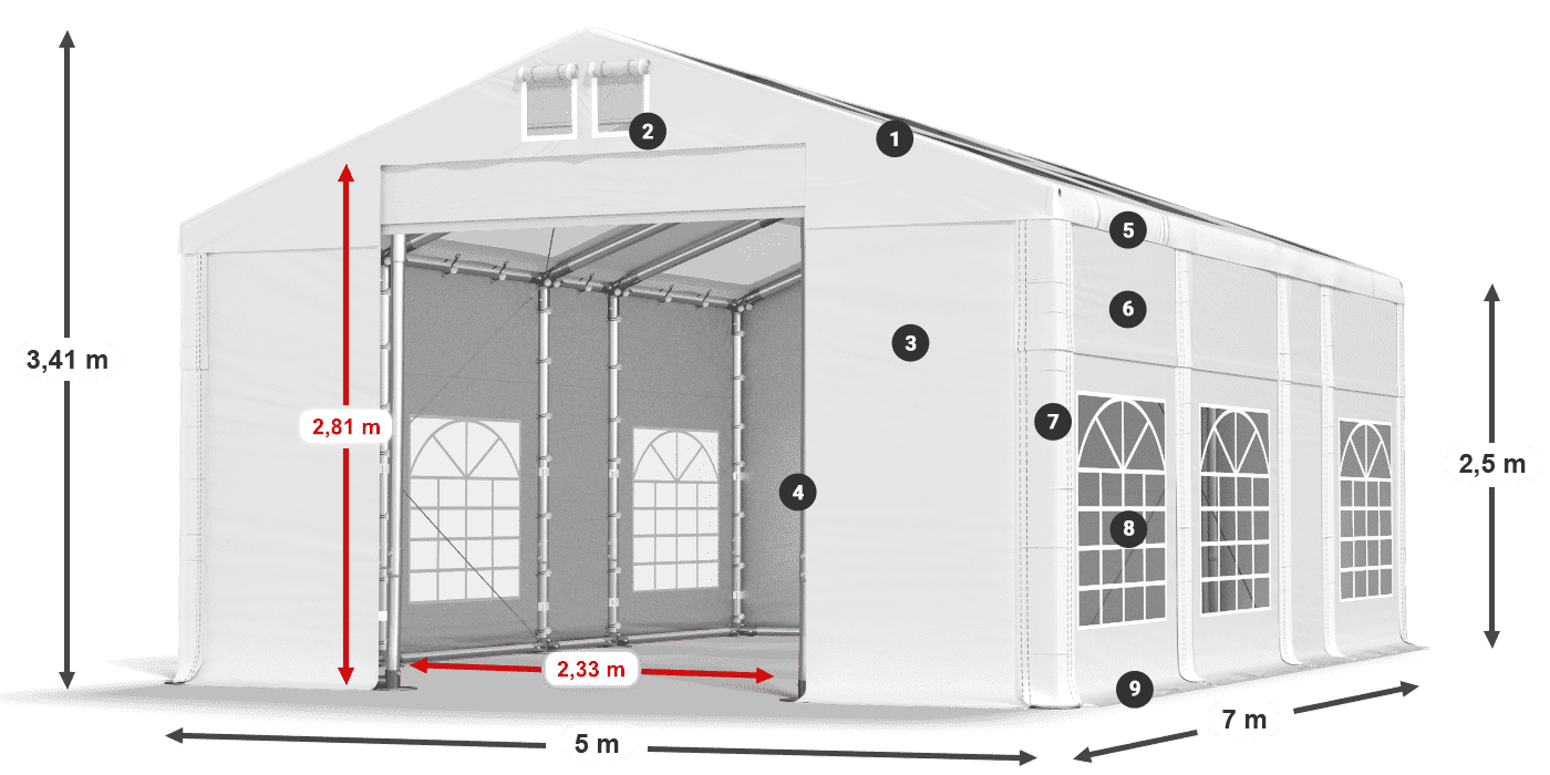 Tető: MS T 580 PVC Falak: FR 620 PVC 2,5 m jelmagyarázat