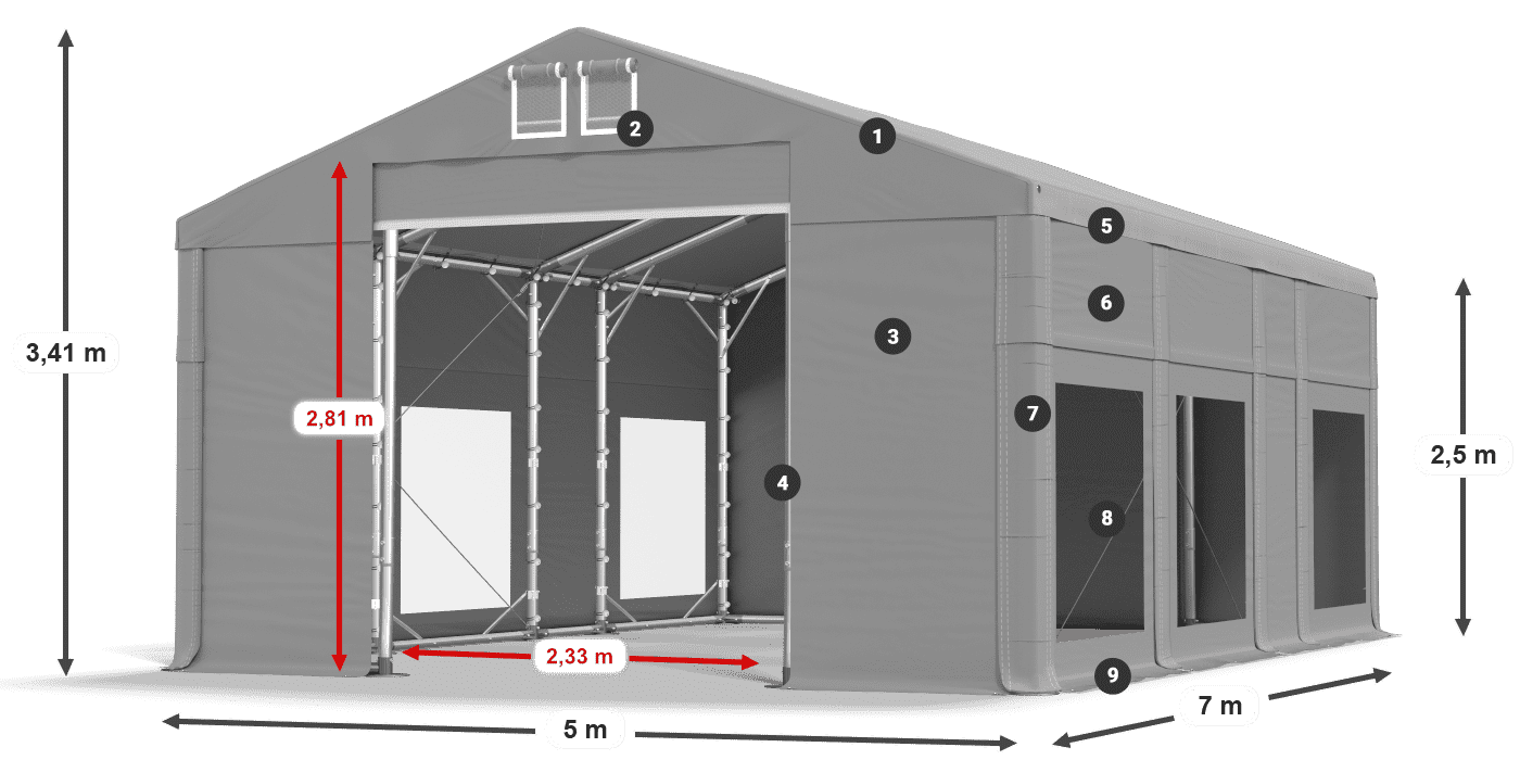 Tető: MS 580 PVC Falak: MS 580 PVC 2,5 m jelmagyarázat