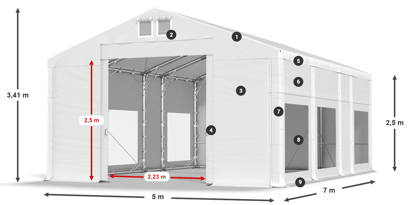 Tető: MS 580 PVC Falak: MS 580 PVC 2,5 m jelmagyarázat