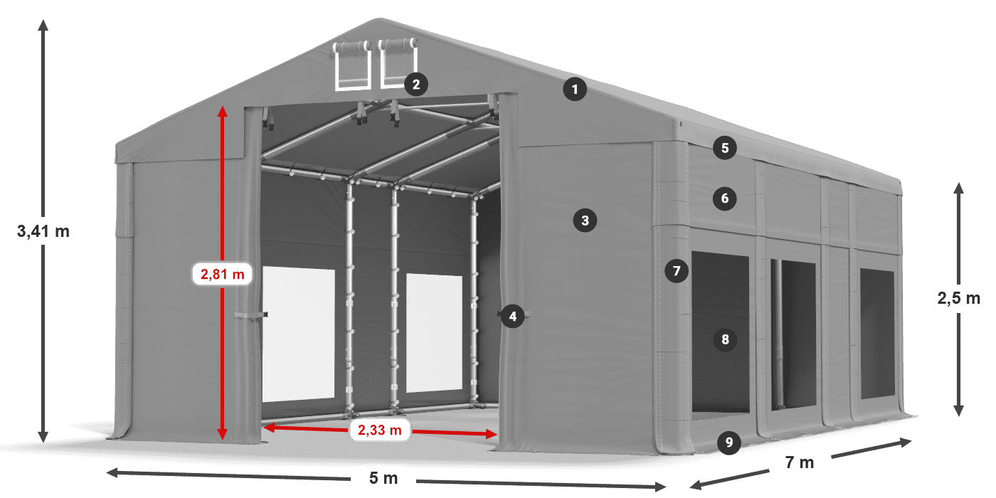Tető: MS 580 PVC Falak: MS 580 PVC 2,5 m jelmagyarázat