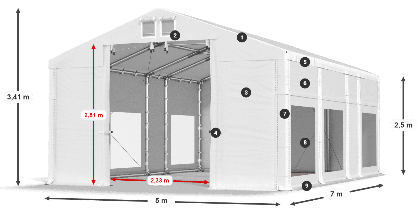 Tető: MS 580 PVC Falak: MS 580 PVC 2,5 m jelmagyarázat