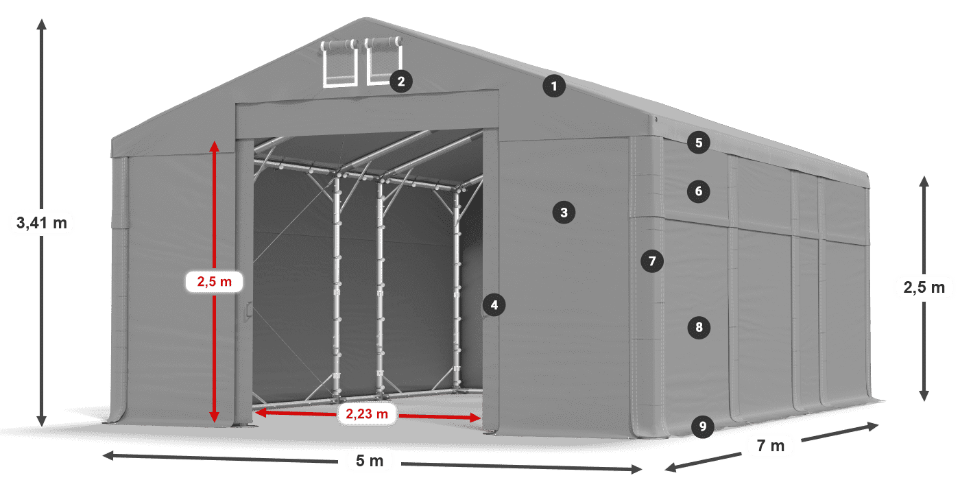 Tető: MS 580 PVC Falak: SD 500 PVC 2,5 m jelmagyarázat