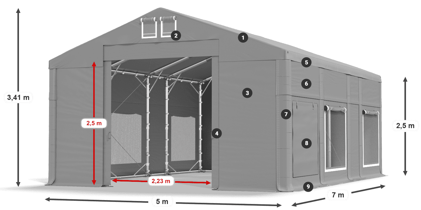 Tető: MS 580 PVC Falak: SD M 500 PVC 2,5 m jelmagyarázat