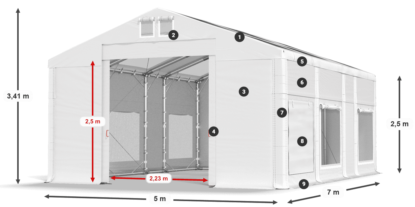 Tető: MS T 580 PVC Falak: SD M 500 PVC 2,5 m jelmagyarázat