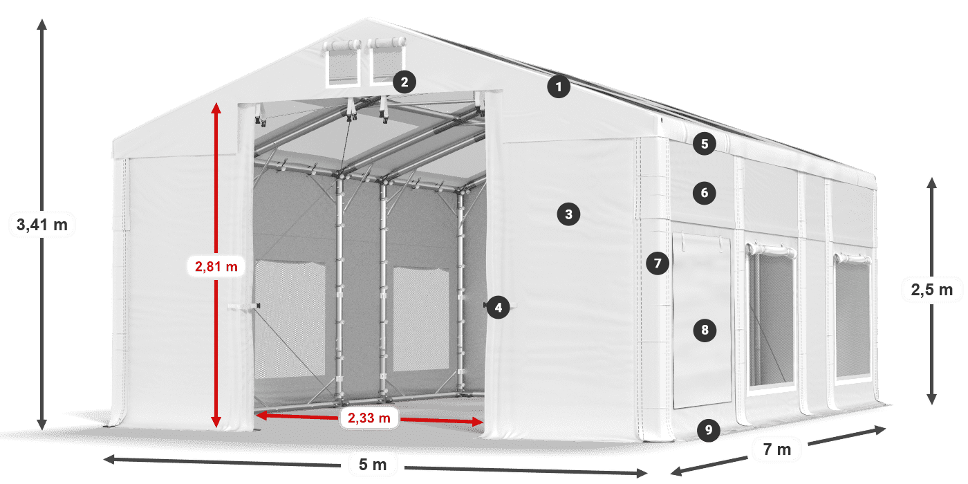 Tető: MS T 580 PVC Falak: SD M 500 PVC 2,5 m jelmagyarázat