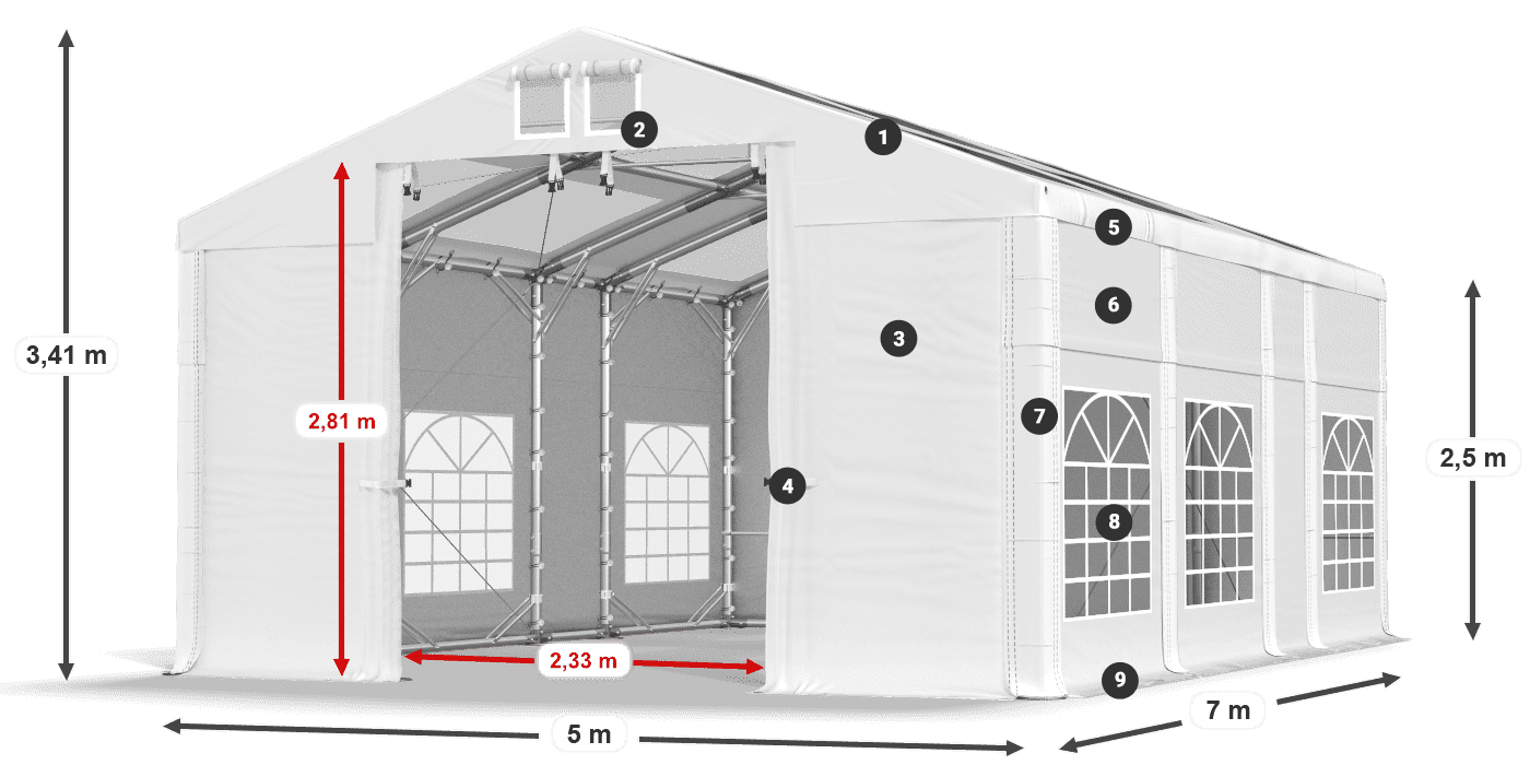Tető: MS 580 PVC Falak: SD 500 PVC 2,5 m jelmagyarázat