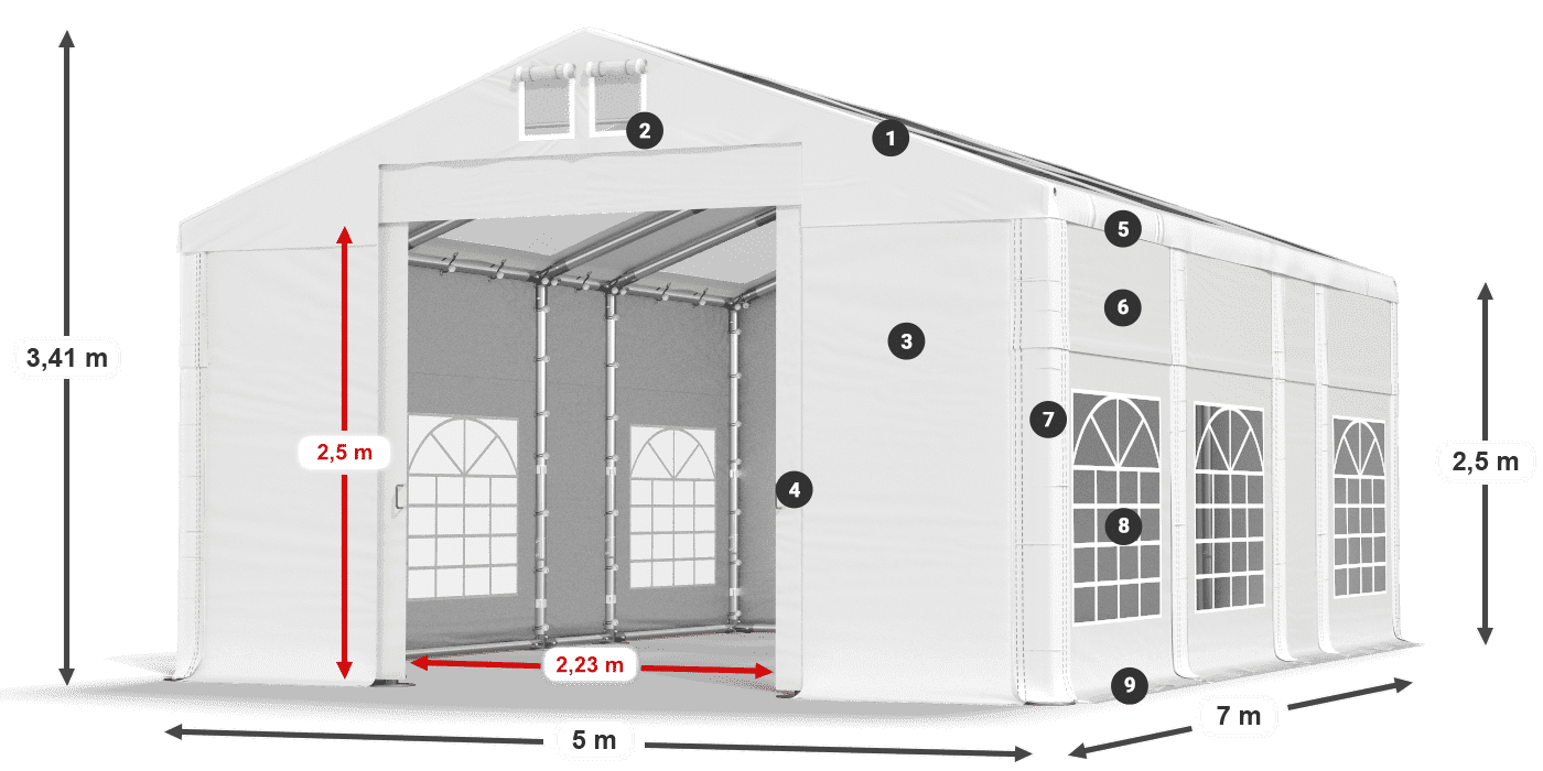 Tető: MS 580 PVC Falak: SD 500 PVC 2,5 m jelmagyarázat