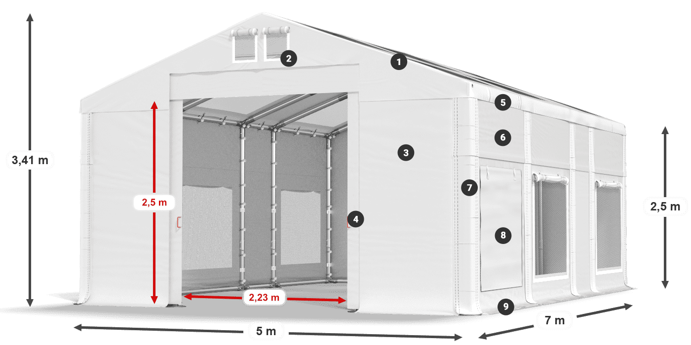 Tető: MS T 580 PVC Falak: SD M 500 PVC 2,5 m jelmagyarázat