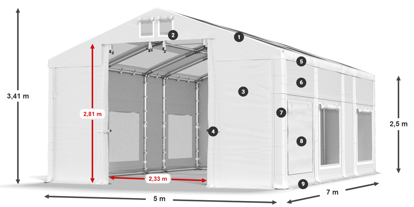 Tető: MS T 580 PVC Falak: SD M 500 PVC 2,5 m jelmagyarázat