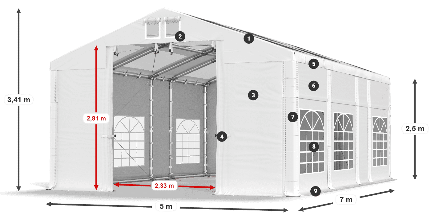 Tető: MS 580 PVC Falak: SD 500 PVC 2,5 m jelmagyarázat
