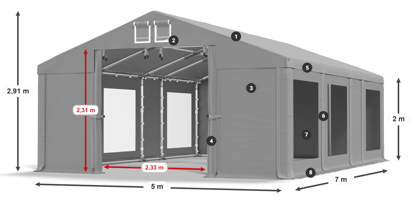 Tető: FR 620 PVC Falak: MS 580 PVC 2 m jelmagyarázat