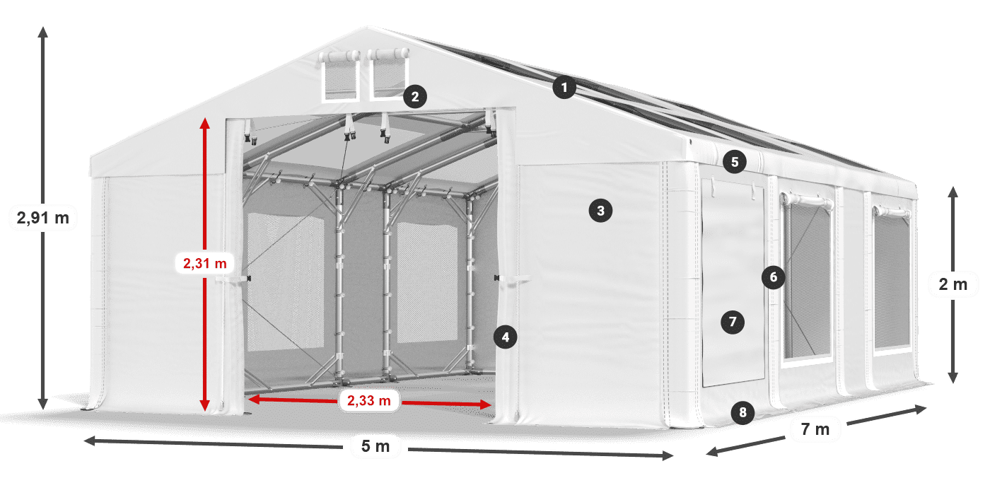 Tető: MS T 580 PVC Falak: SDM 500 PVC 2 m jelmagyarázat