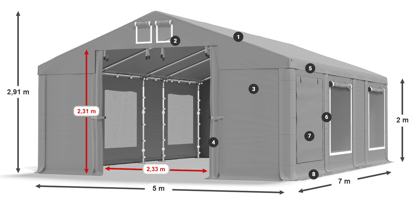 Tető: MS 580 PVC Falak: SD M 500 PVC 2 m jelmagyarázat