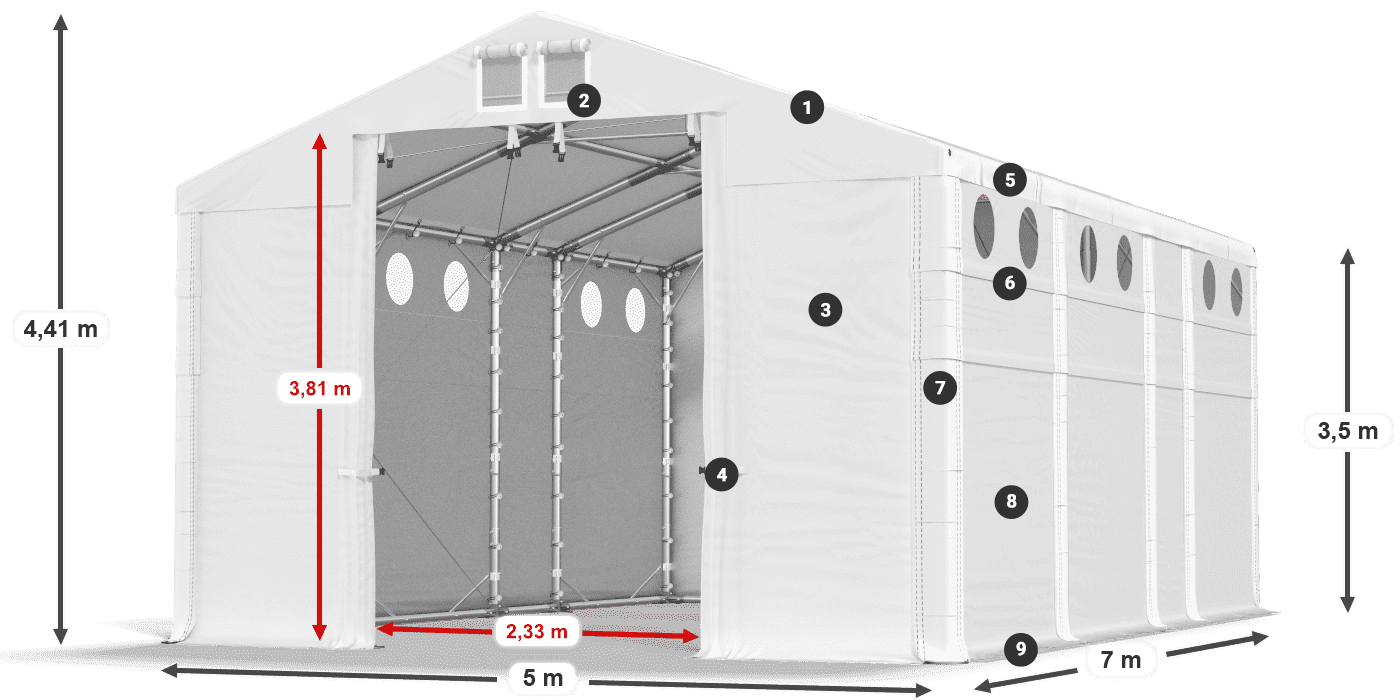 Tető: MS 580 PVC Falak: FR O 620 PVC 3,5 m jelmagyarázat